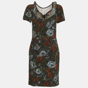Dolce & Gabbana Grey Floral Print Silk Blend Scoop Neck Mini Dress M